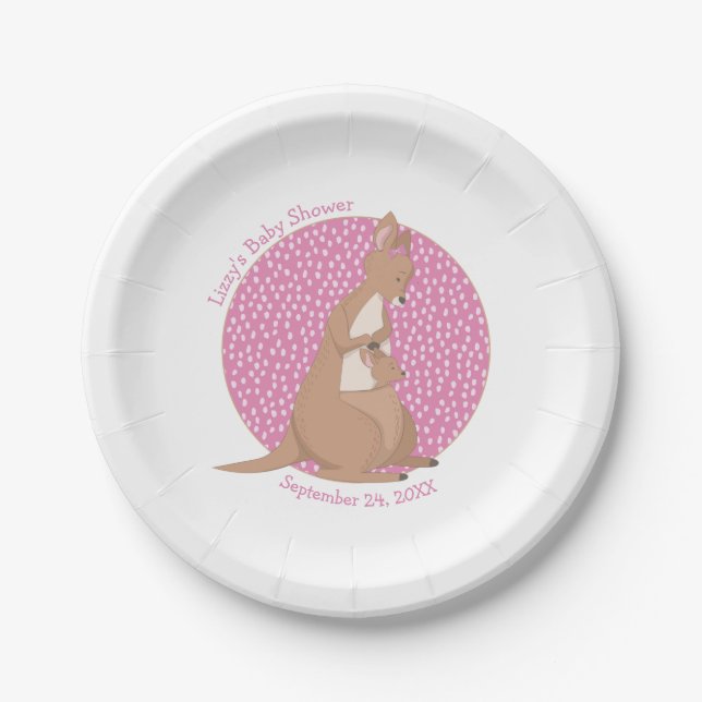Kangaroo Baby Girl Shower Tan and Pink Pattern Paper Plates (Front)