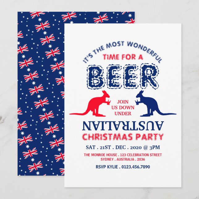 Kangaroo Beer, Australian Flag Christmas Party Invitation (Front/Back)