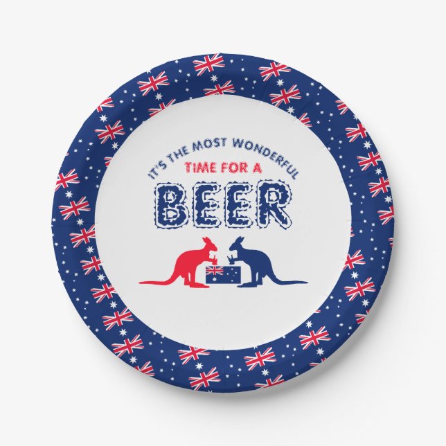 Kangaroo Beer, Australian Flag, Christmas Party Paper Plates (Front)