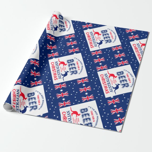 Kangaroo Beer, Australian Flag Christmas Wrapping Paper (Unrolled)