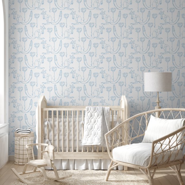 Kangaroo Blue Line Art Baby Room Wallpaper (Kids)