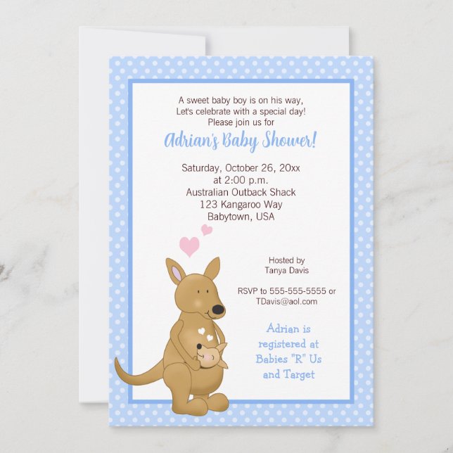 Kangaroo boy Baby Shower Invitation Blue (Front)