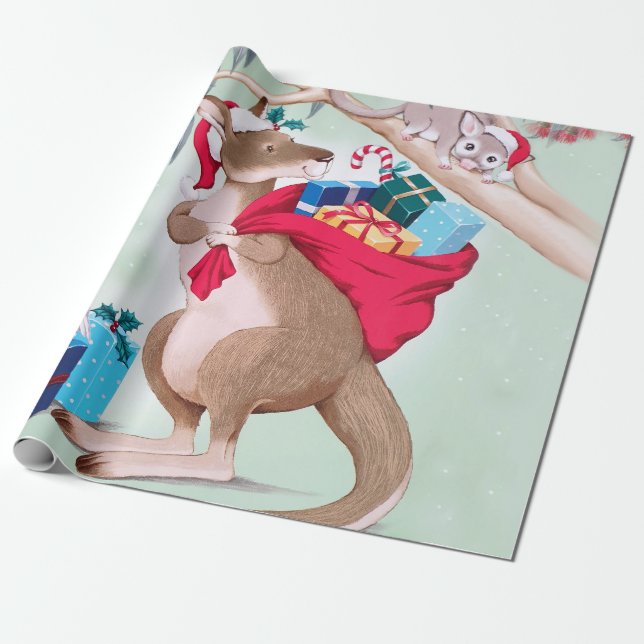 Kangaroo Christmas - Australian Christmas Art Wrapping Paper (Unrolled)