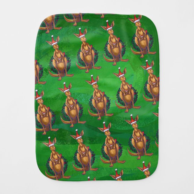 Kangaroo Christmas on Painted Green Back Burp Cloth (Front)