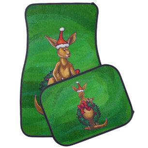 Kangaroo Christmas on Painted Green Back Car Mat
