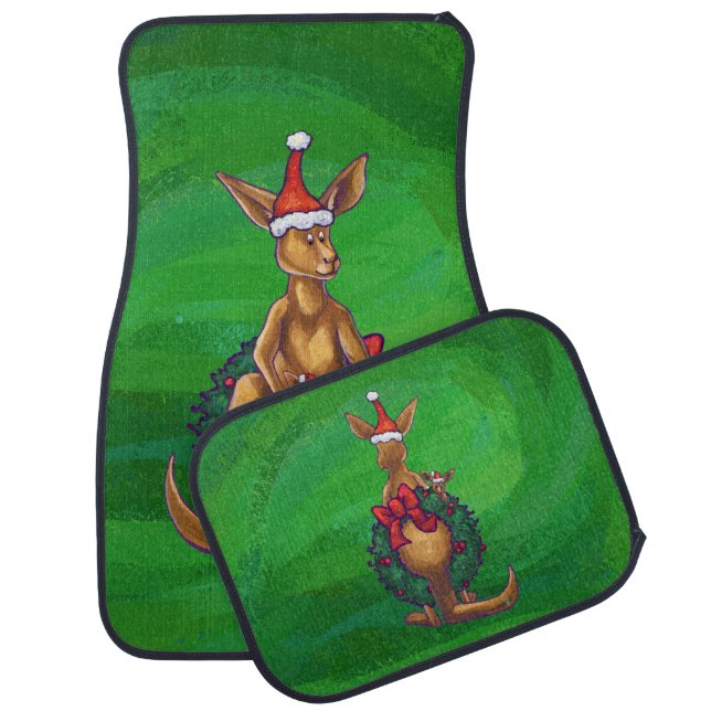 Kangaroo Christmas on Painted Green Back Car Mat (Set)