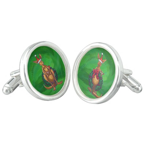 Kangaroo Christmas on Painted Green Back Cufflinks