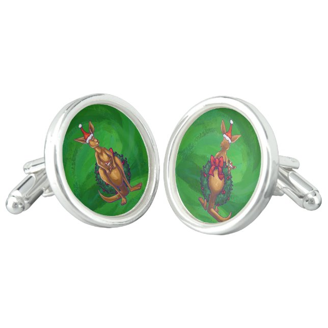Kangaroo Christmas on Painted Green Back Cufflinks (Angled)