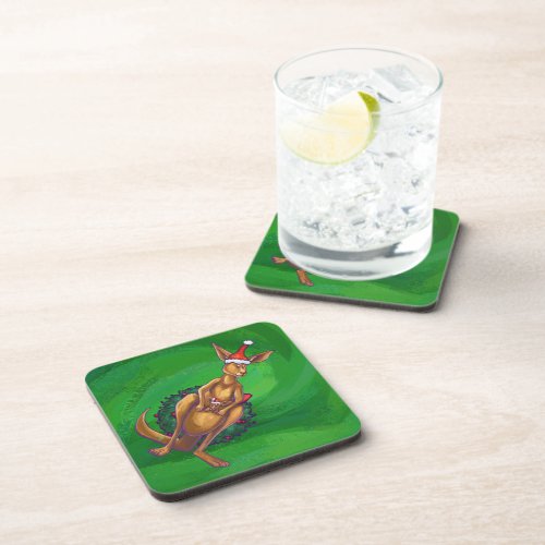 Kangaroo Christmas on Painted Green Back Drink Coaster