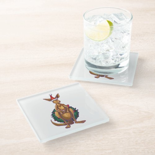 Kangaroo Christmas on Painted Green Back Glass Coaster