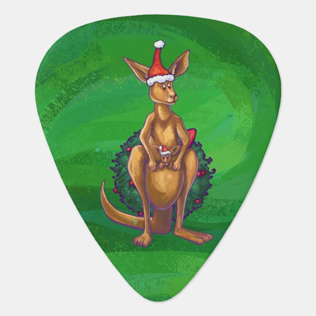Kangaroo Christmas on Painted Green Back Guitar Pick (Front)