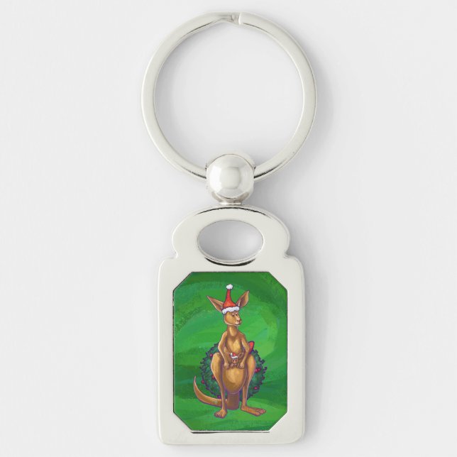 Kangaroo Christmas on Painted Green Back Keychain (Front)