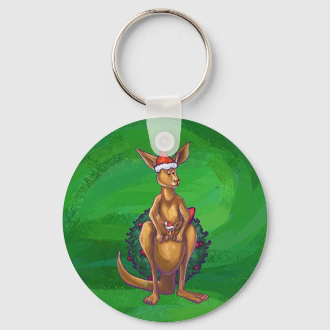 Kangaroo Christmas on Painted Green Back Keychain (Front)