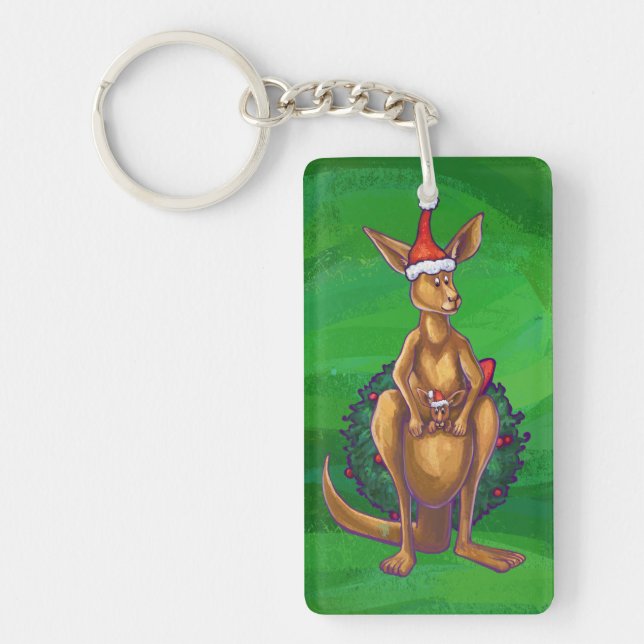 Kangaroo Christmas on Painted Green Back Keychain (Front)