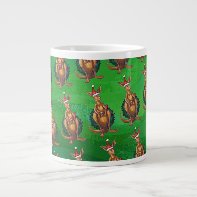 Kangaroo Christmas on Painted Green Back Large Coffee Mug (Front)