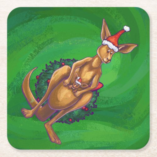 Kangaroo Christmas on Painted Green Back Square Paper Coaster