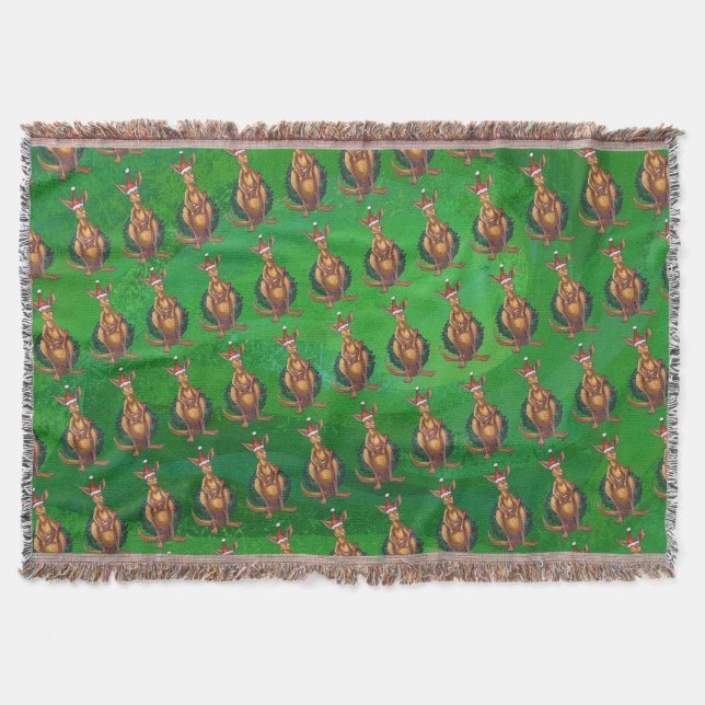 Kangaroo Christmas on Painted Green Back Throw Blanket (Front)