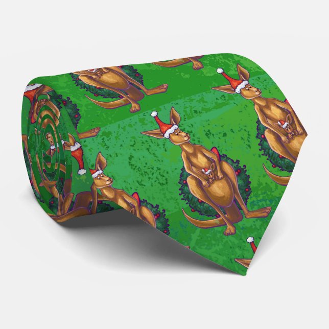 Kangaroo Christmas on Painted Green Back Tie (Rolled)