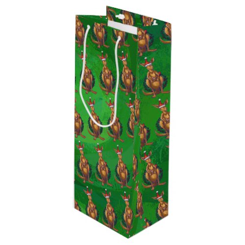 Kangaroo Christmas on Painted Green Back Wine Gift Bag