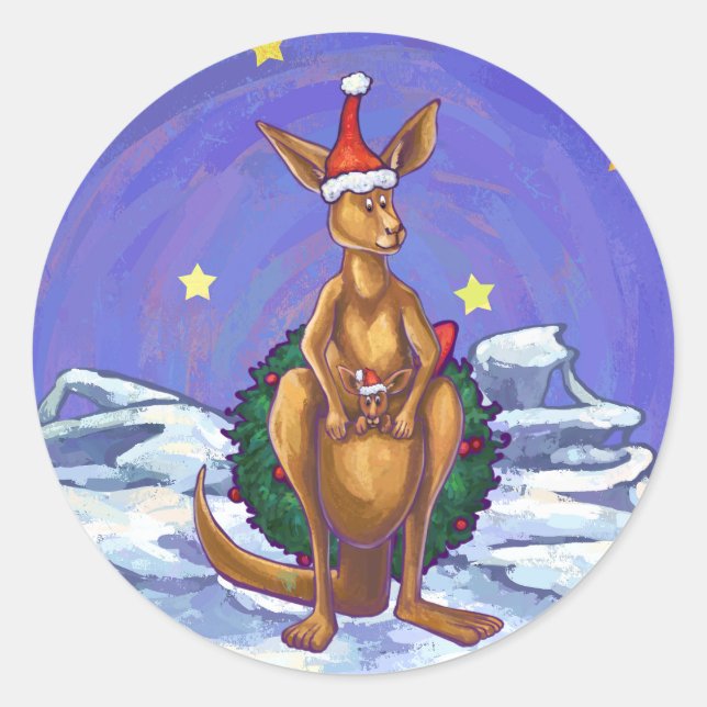 Kangaroo Christmas Starry Night Classic Round Sticker (Front)