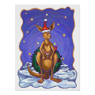 Kangaroo Christmas Starry Night Poster