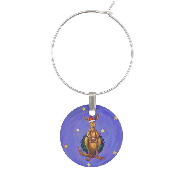 Kangaroo Christmas Starry Night Wine Glass Charm (Front)