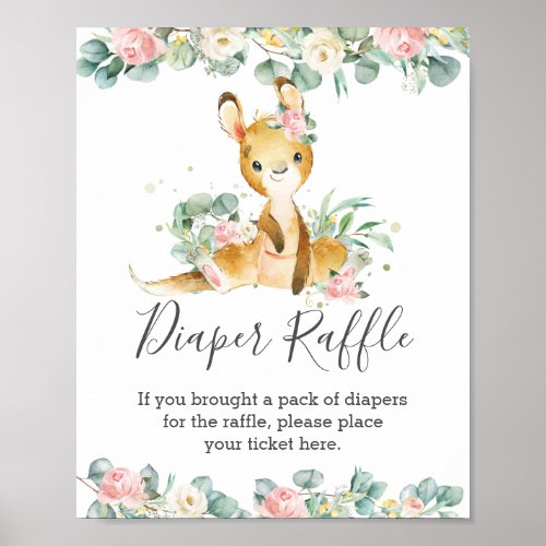 Kangaroo Floral Greenery Baby Shower Diaper Raffle Poster