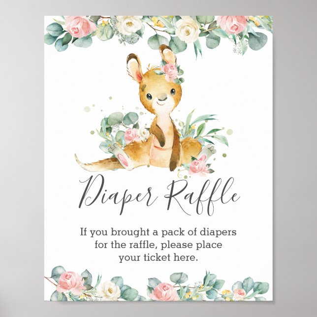 Kangaroo Floral Greenery Baby Shower Diaper Raffle Poster (Front)