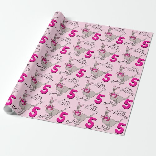 Kangaroo girls 5th birthday name pink wrapping wrapping paper