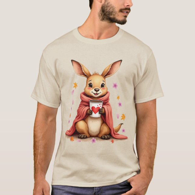 Kangaroo in blanket drink coffee Cherry Blossom  T-Shirt (Front)