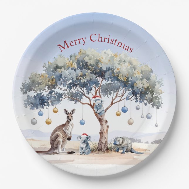 Kangaroo Koalas Platypus Christmas Gumtree Baubles Paper Plates (Front)