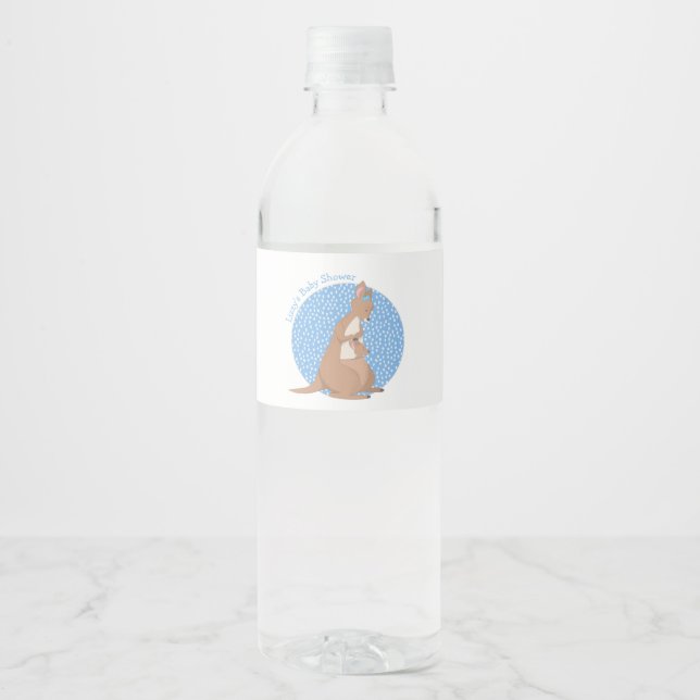 Kangaroo Mommy and Baby Joey Blue Shower Water Bottle Label (Front)