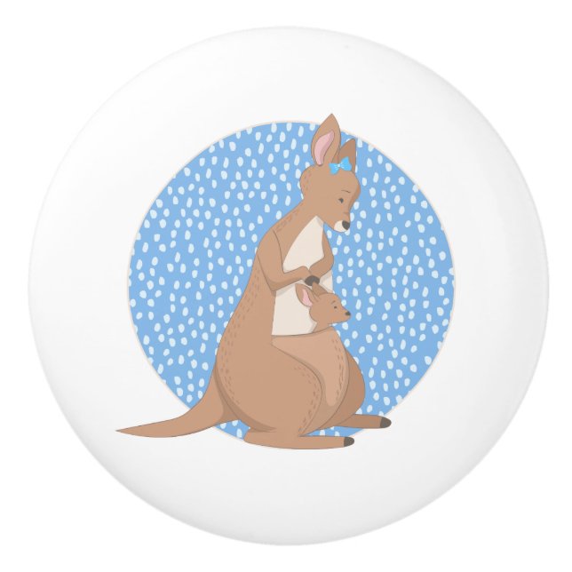 Kangaroo Mommy and Baby Joey on Blue Pattern Ceramic Knob (Front)