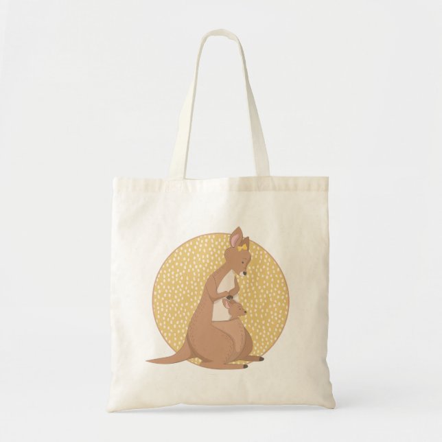 Kangaroo Mommy and Baby on Yellow Pattern Tote Bag (Front)