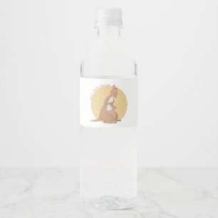 Kangaroo Mommy and Baby on Yellow Pattern Water Bottle Label