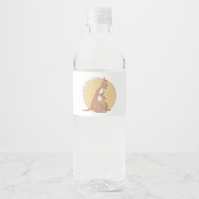 Kangaroo Mommy and Baby on Yellow Pattern Water Bottle Label (Front)