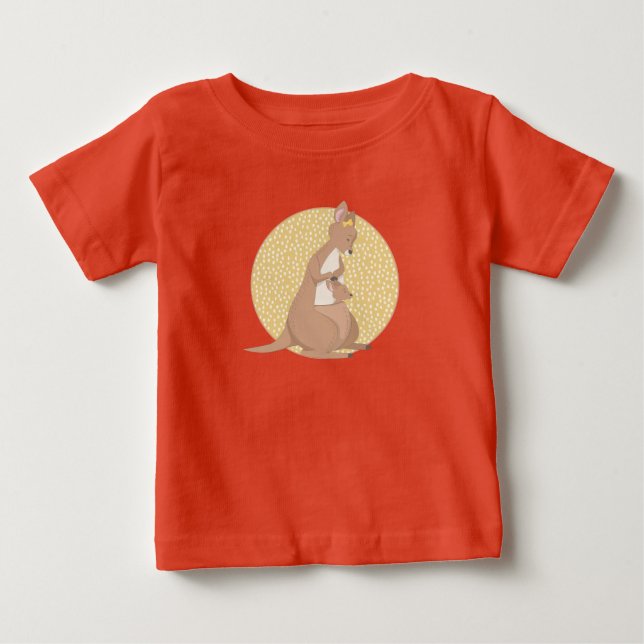 Kangaroo Mommy and Joey on Yellow Pattern Baby T-Shirt (Front)