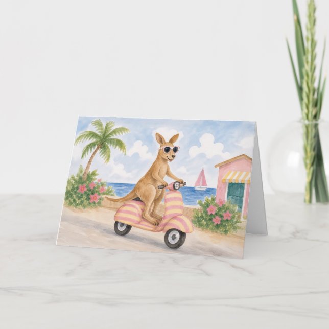 Kangaroo Moped Beach Watercolor Greeting Card (Front)