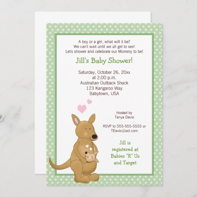 Kangaroo Neutral Baby Shower Invitation Green (Front/Back)