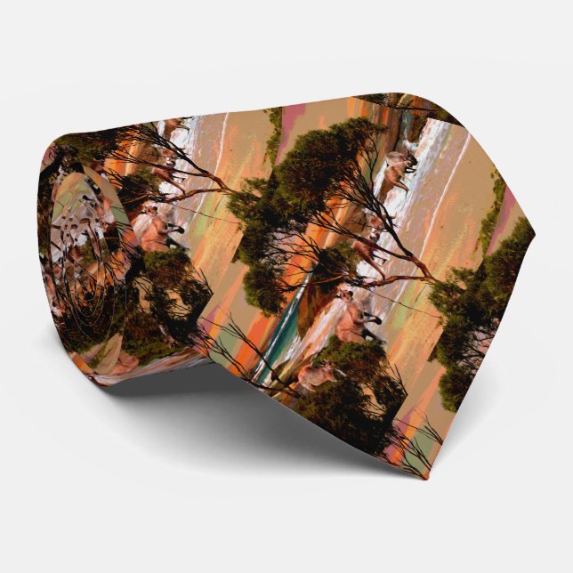 Kangaroo Oil Painting The Beach, Neck Tie (Rolled)