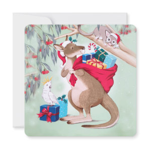 Kangaroo Santa Bag Possum Cockatoo Merry Christmas Holiday Card