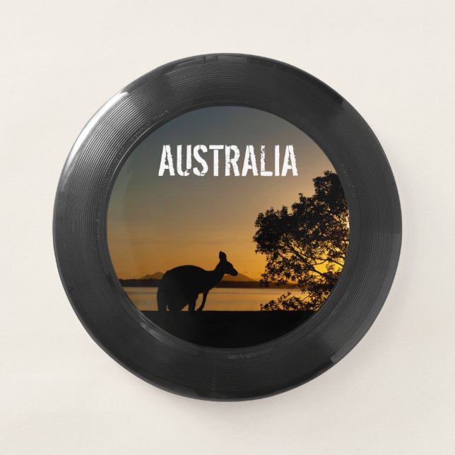 Kangaroo silhouette at sunset, black Wham-O frisbee (Front)