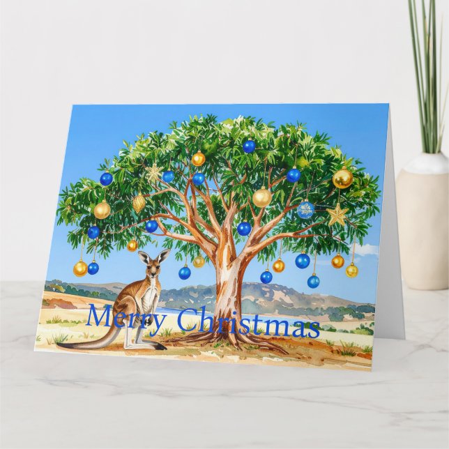 Kangaroo under gumtree with Christmas baubles Card (Front)