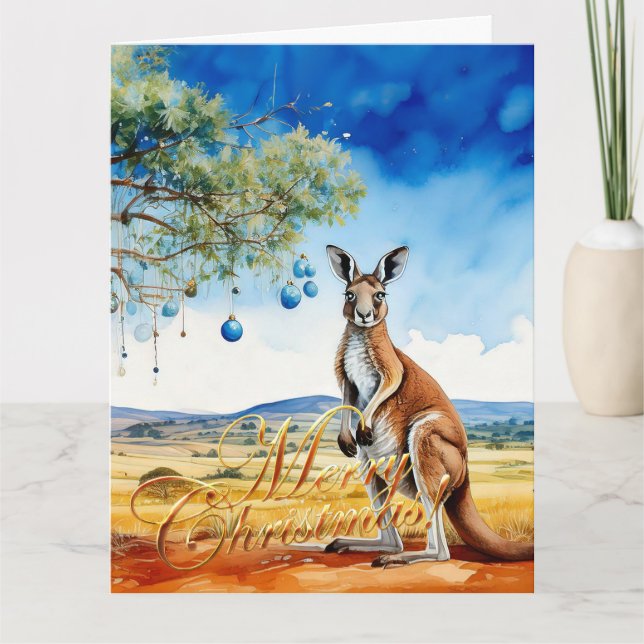 Kangaroo under gumtree with Christmas baubles Card (Front)
