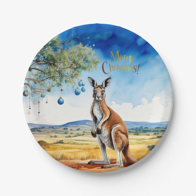 Kangaroo under gumtree with Christmas baubles Paper Plates (Front)