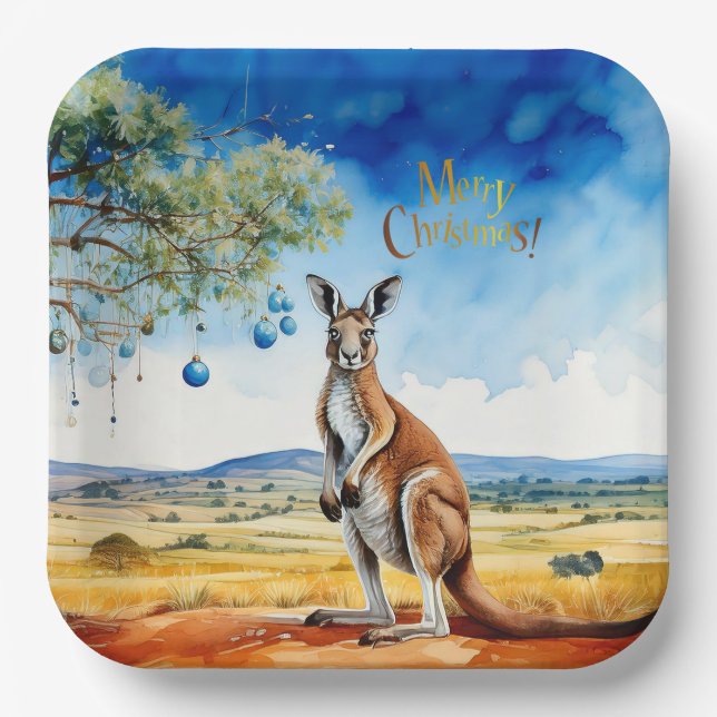 Kangaroo under gumtree with Christmas baubles Paper Plates (Front)