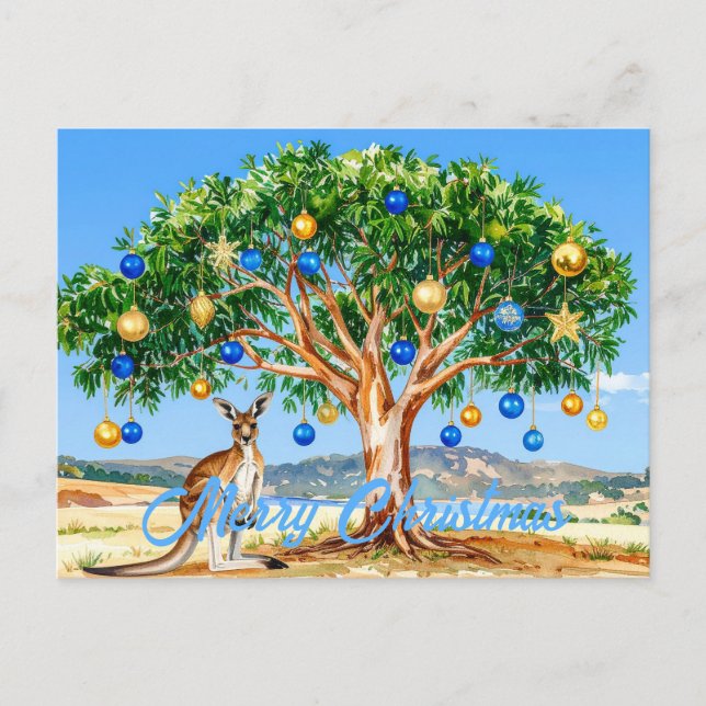 Kangaroo under gumtree with Christmas baubles Postcard (Front)
