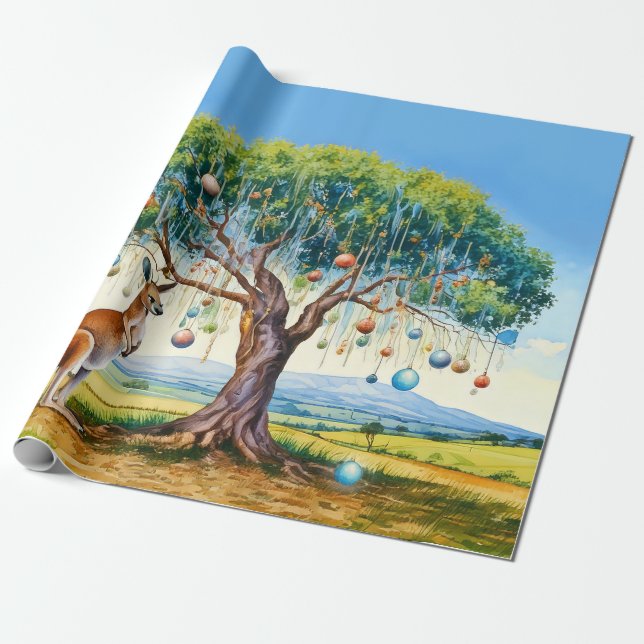 Kangaroo under gumtree with Christmas baubles Wrapping Paper (Unrolled)