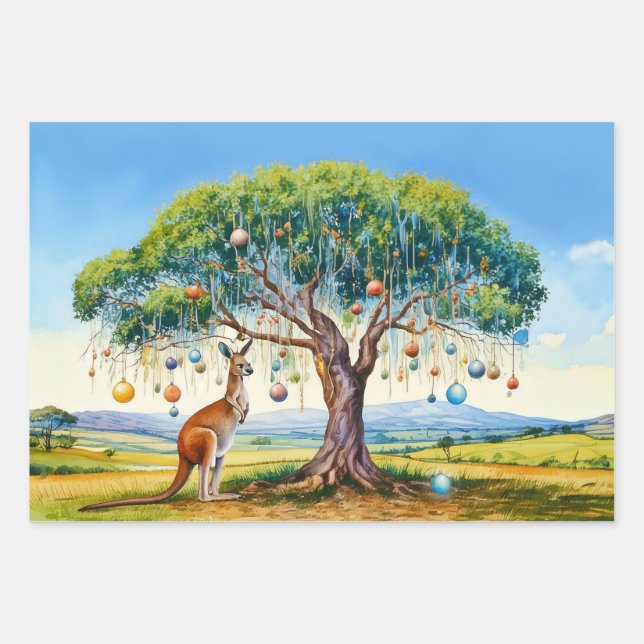 Kangaroo under gumtree with Christmas baubles Wrapping Paper Sheets (Front)