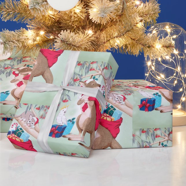 Kangaroo with Christmas Sack of Gifts Wrapping Paper (Holidays)